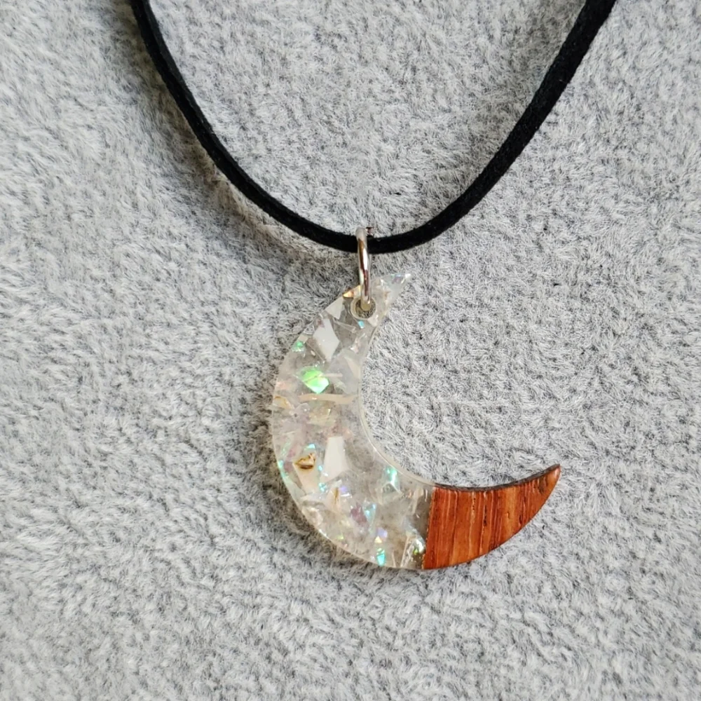 Mens clear acrylic moon charm black suede necklace
